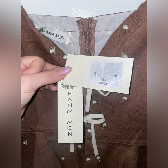 New Fanm Mon Helaina Floral Embroidered Bow Sweetheart Mini Dress🤎Small NWT!